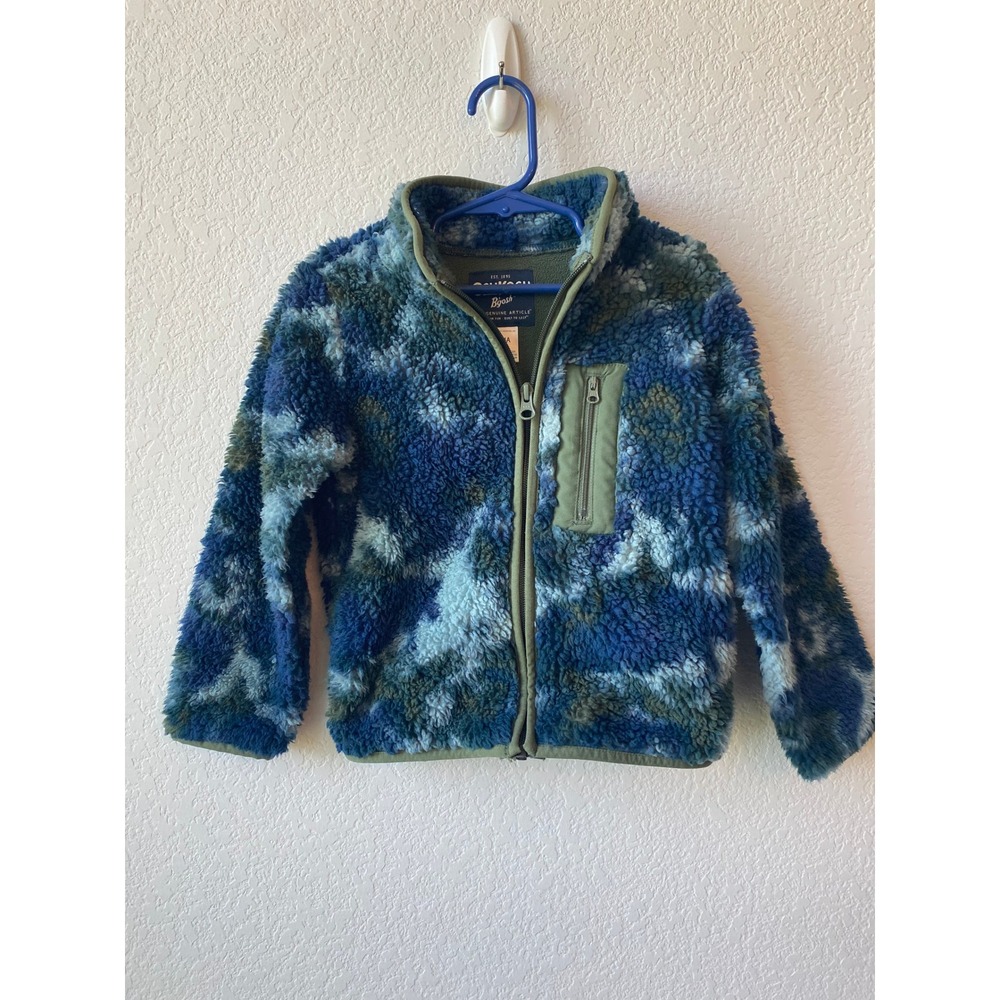 OshKosh B'gosh Boys Camo Sherpa Fleece Jacket Size 4 Blue Green Zip Up Pocket